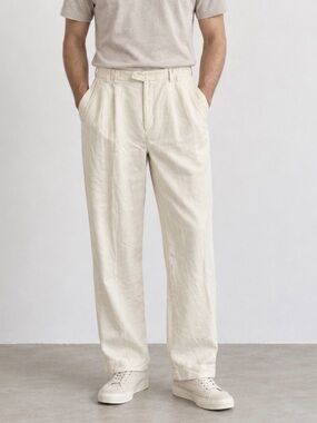 Lorenzini Cream 100% Linen Pleated Tailored Dress Trousers Pants 40